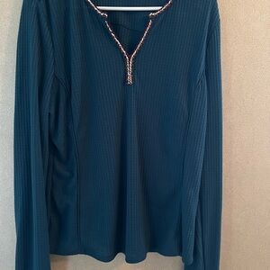 DR2 Teal Long Sleeve Waffle Knit Top with Braided Trim
